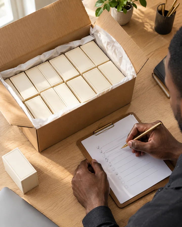 A carton of cream perfume boxes being ticked off a packing list