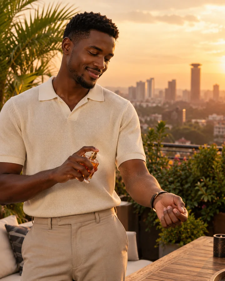 A man spraying perfume on his wrist on a Nairobi rooftop at sunset