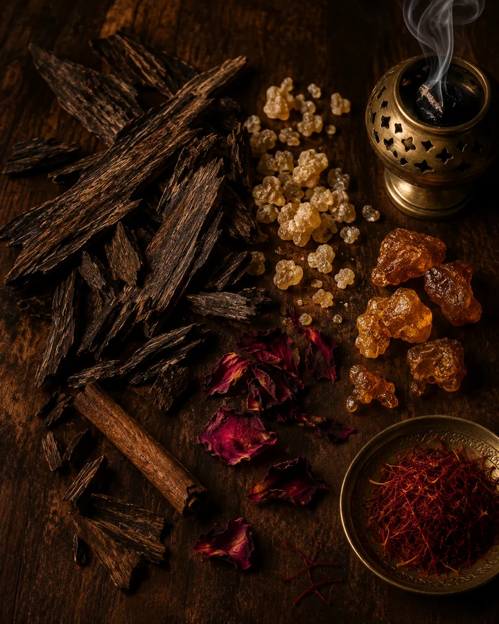 Oud wood, frankincense, amber resin, rose petals and saffron beside a brass incense burner