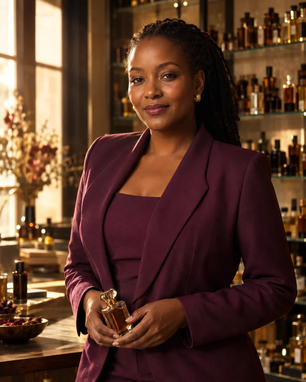 The founder of Nisa Perfumes in a plum suit, holding a perfume bottle in the Nairobi studio