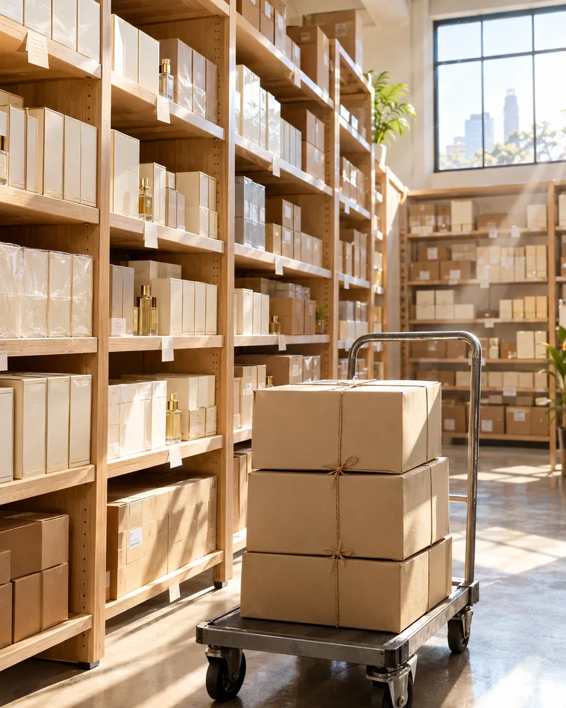A trolley of sealed cartons in a bright, orderly Nairobi stockroom