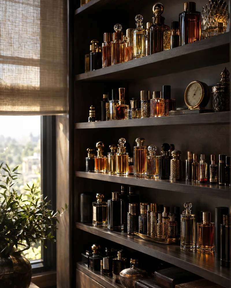 Perfume bottles on dark shelves, shaded from the sun by a linen blind