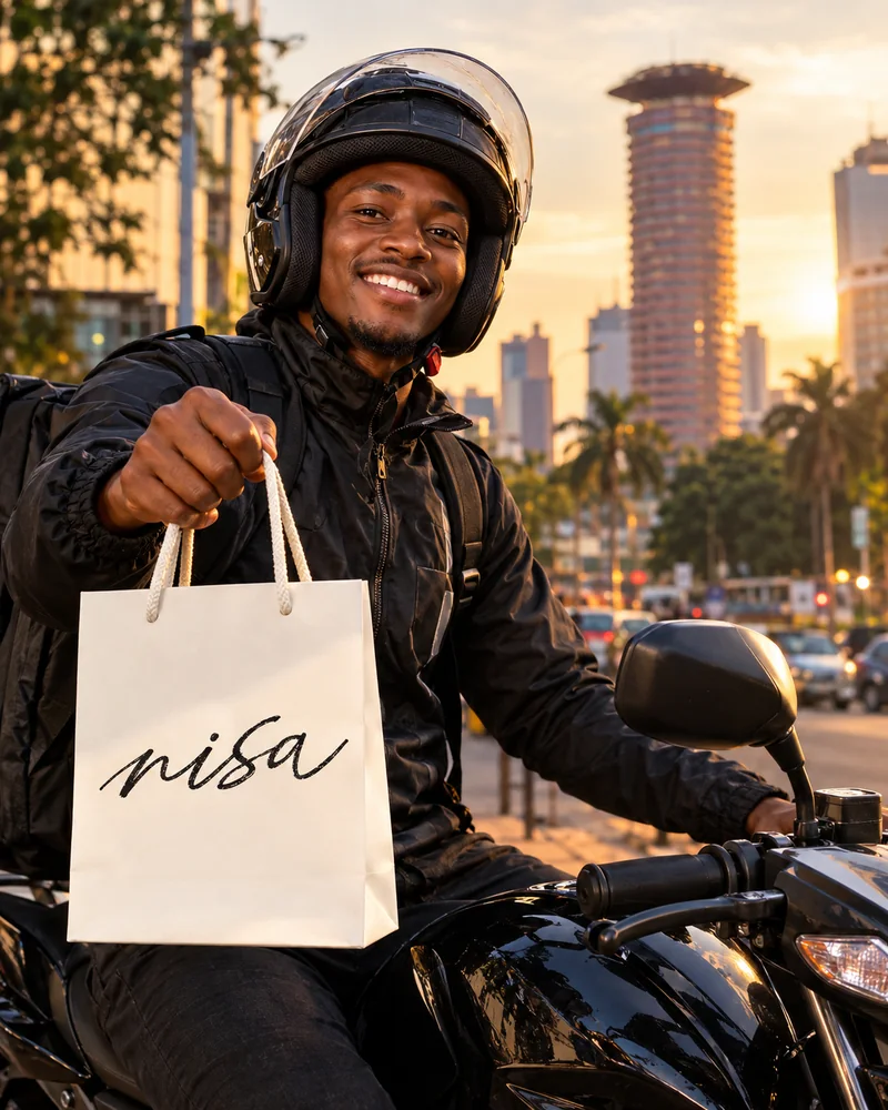 A delivery rider in Nairobi holding a Nisa gift bag