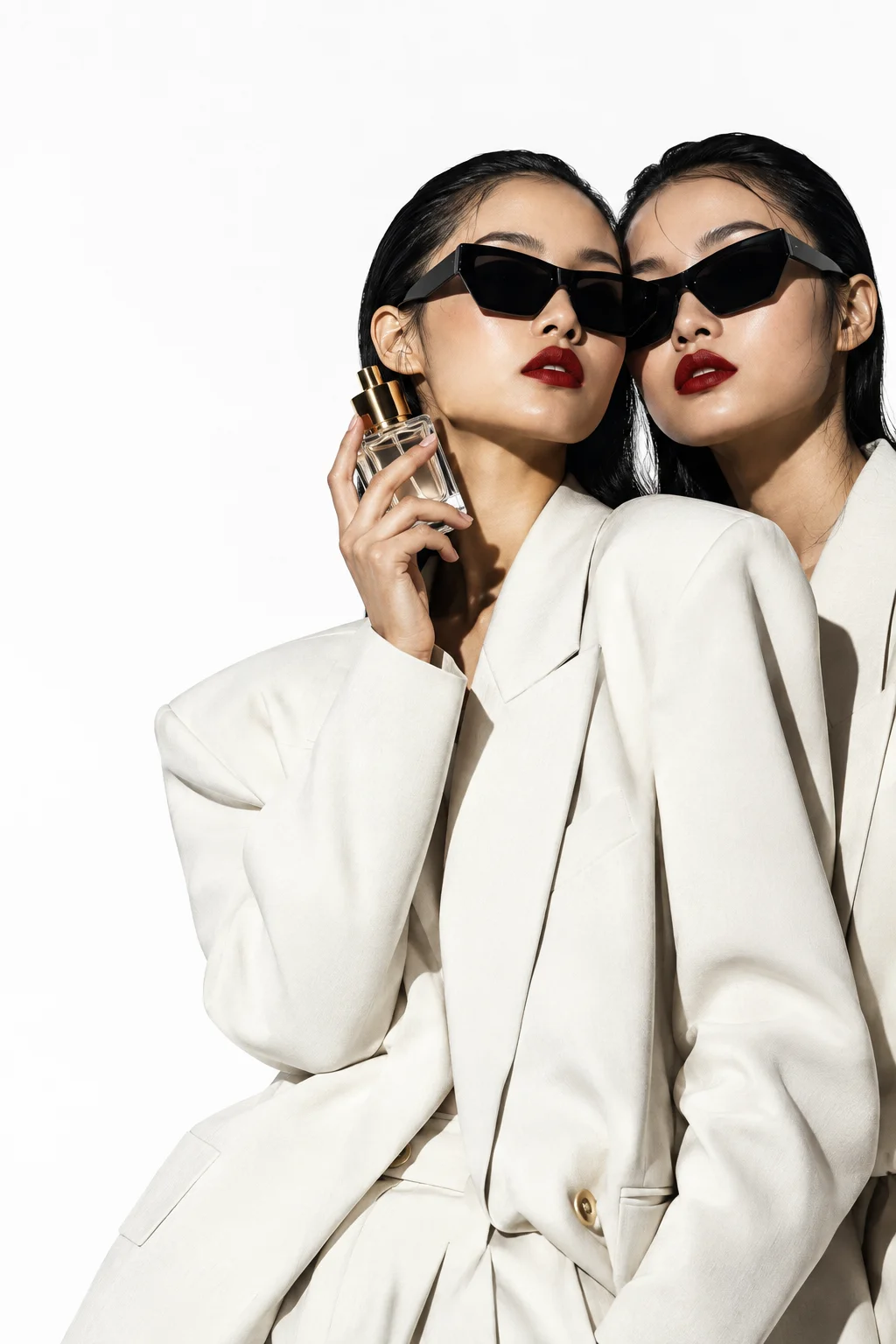 Two women in ivory tailoring, one holding a glass perfume bottle