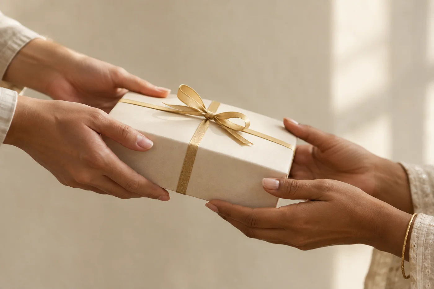 A ribboned parcel passed from one pair of hands to another