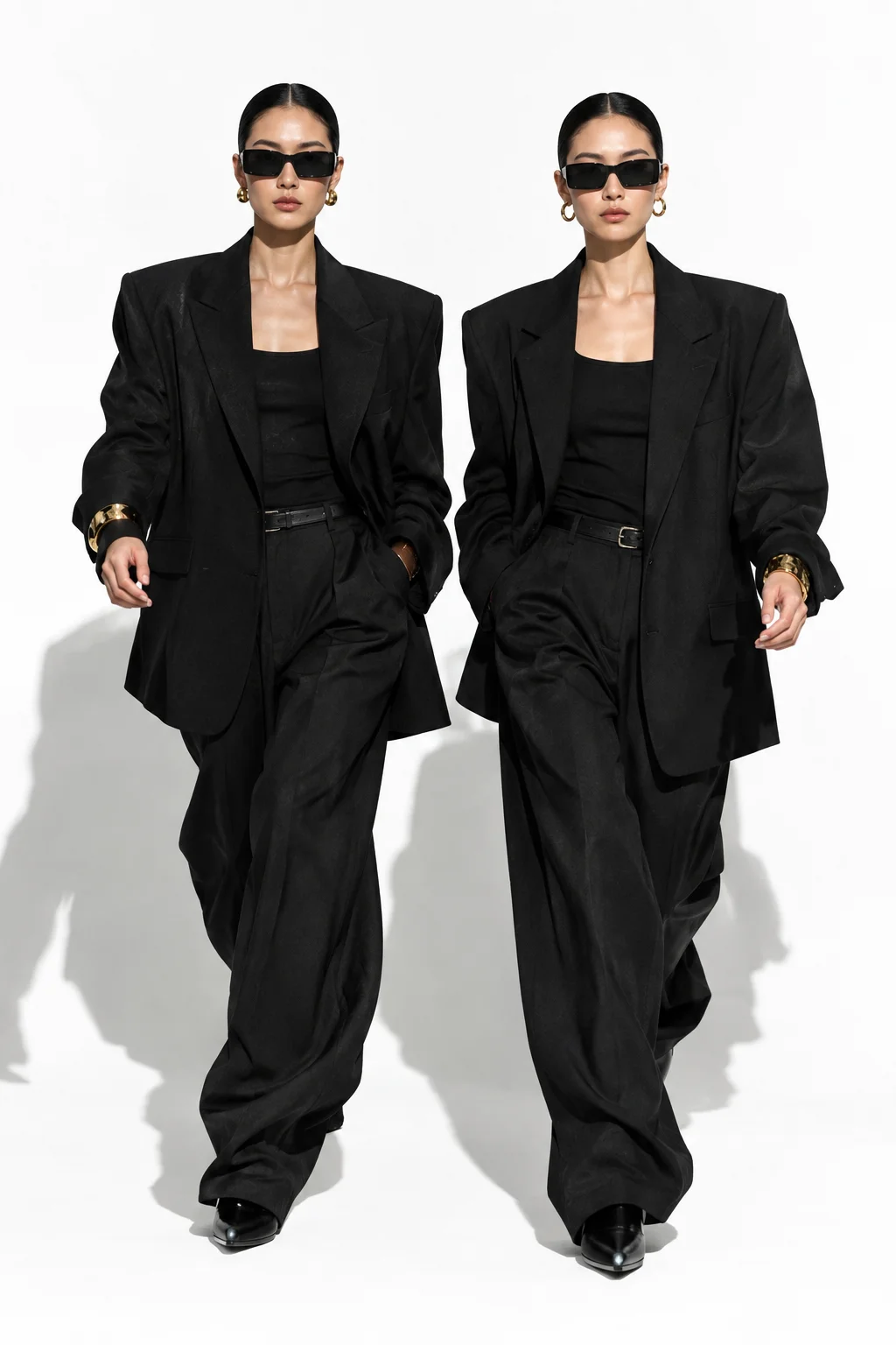 Two women walking in oversized black tailoring